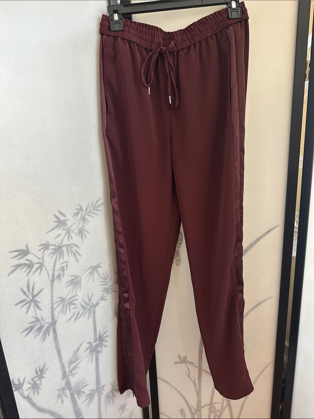 H&M Women's Maroon Drawstring Track Pants with Satin Side Panels